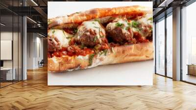 High-definition close-up of a garlic beef meatball sub with marinara and melted mozzarella, white background Wall mural