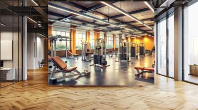 Modern Gym Interior with Equipment and Windows, Wide Shot, Fitness, Workout, Exercise, Gym, Interior Design Wall mural