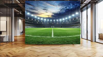 Night Stadium with Green Field and Spotlights, stadium , night , football , soccer Wall mural