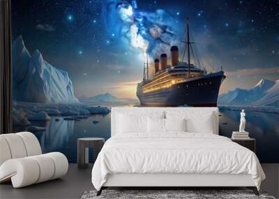 Ocean Liner Sailing Through Icebergs Under a Starry Sky, arctic ,night sky Wall mural