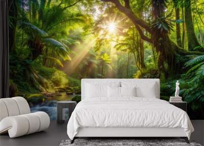 Tranquil Tropical Forest Sunlit Canopy Meeting a Winding River, Moss-Covered Rocks, Vibrant Undergrowth, and a Harmony of Green and Gold, Capturing Nature's Serenity and Beauty Wall mural