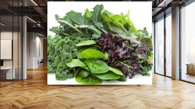 Vibrant edible bouquet featuring mixed leafy greens (kale, spinach, collard greens) isolated on clean background, rich in essential nutrients. Wall mural