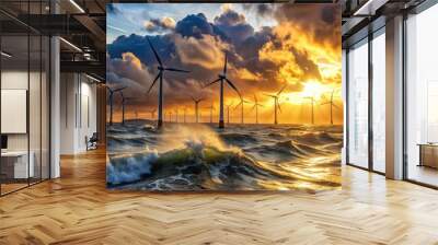 Wind Turbines at Sunset with Dramatic Sky, Wind power, renewable energy, stormy, waves , Wall mural