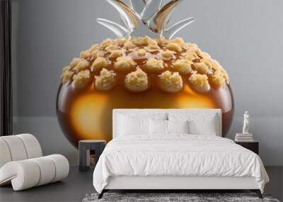 Elegant glass pineapple bun sculpture with golden-brown hues and textured crust against a light gray background, generative ai Wall mural