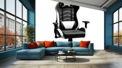 Modern ergonomic high-back gaming chair in black with white accents, angular backrest, synthetic leather, and adjustable features, generative ai Wall mural