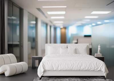 Modern office interior showcasing a minimalist design with glass walls, conference rooms, cubicles, and a neutral color scheme for a professional look, generative ai Wall mural