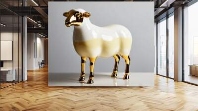 Stylized Glass Sheep Sculpture in Glossy White with Gold Accents, Elegant Modern Design on Reflective Surface, Minimalist Composition, generative ai Wall mural