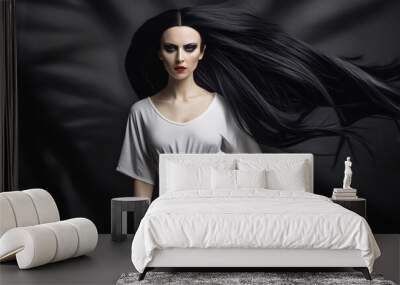 The Vampire, High-Fashion Editorial of Woman with Flowing Black Hair, Dark Makeup, Red Lips, and Modern Contrast, Generative AI, Happy Halloween Wall mural