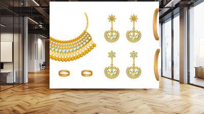 vector of realistic gold jewelry set, realistic vector of necklace, bangles, rings and earrings. Wall mural