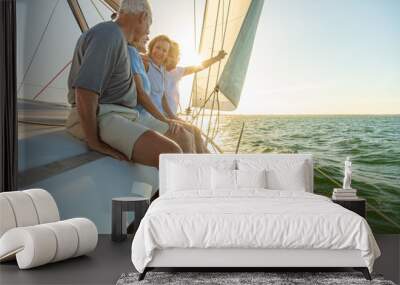 Relaxed group of senior friends sailing luxury yacht Wall mural