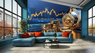 Digital currency and financial growth are represented through stacked coins and Bitcoin symbol, showcasing modern investment landscape Wall mural