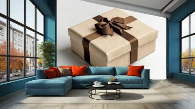 small gift box covered in light beige linen with dark brown ribbon and bow, perfect for special occasions. This elegant packaging adds touch of sophistication to any gift Wall mural