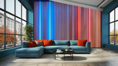 Attractive wood wall with tall vertical neon or LED light inserts; eye-catching bright background image Wall mural