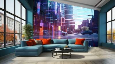 Futuristic Cityscape with Shimmering Holographic Building, Generative AI Wall mural