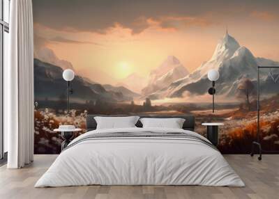 Snow covered mountains and flowers in foreground in dramatic light, Generative AI Wall mural