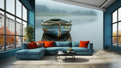 A wooden boat sits calmly in a still lake on a foggy day. Wall mural