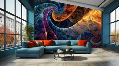 Abstract swirling patterns in shades of blue, purple, orange and yellow.  A psychedelic, vibrant design.  A digital art creation. Wall mural