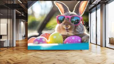 Cute Easter Bunny with sunglasses looking out of a car filed with easter eggs Wall mural