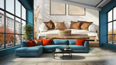 Rustic coffee table near white sofa with brown pillows against wall with two poster frames. Boho ethnic home interior design of modern living room Wall mural