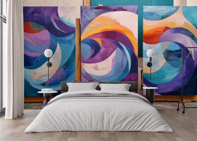 Set of three abstract geometric art panels with waves Wall mural