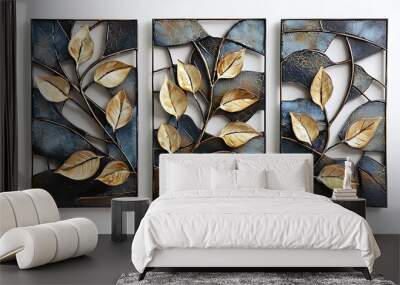 set of three abstract wall art panels with leaves Wall mural