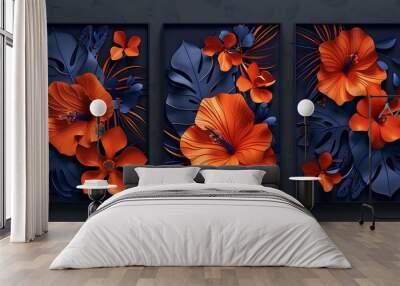 Set of three modern 3D floral wall art canvas with orange flowers and blue leaves on a dark background Wall mural