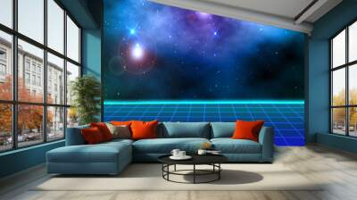 blue landscape 1980s style galaxy grid universe wallpaper background Wall mural