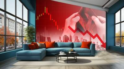 Economic recession crisis and people no money, downtrend stock exchange and hands with empty wallet red background Wall mural