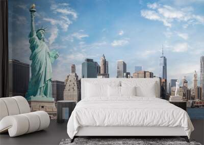 The statue of Liberty, Landmarks of New York City with Manhattan skyscraper background Wall mural