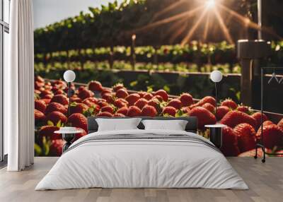 Harvest Agriculture Fresh strawberry farm field at spring and summer Wall mural