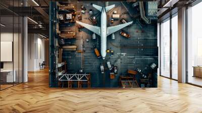 Aerial View of Busy International Airport Cargo Area with Planes Loading and Unloading Goods Wall mural