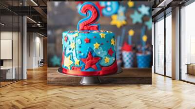 Bold Superhero-Themed Birthday Cake with Red and Blue Number 2 and Comic Book Style Bursts and Stars - Ideal for a Superhero Fan's Party Wall mural