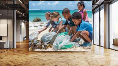 Children Cleaning Beach on World Oceans Day Wall mural