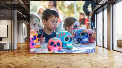 Children Engaged in Día de los Muertos Arts and Crafts with Vibrant Painted Sugar Skulls Wall mural