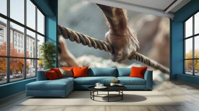 Climber's Hand Gripping Rope During Rappelling on Rocky Mountain Terrain Wall mural