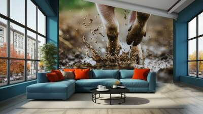 Close-Up Piglet Hoof Stepping into Muddy Puddle with Water Splashing - Action Focused Photography Wall mural