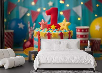 Colorful Circus-Themed First Birthday Cake with Red Number One Topper for Children's Party Wall mural