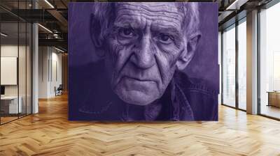 Contemplative Elderly Man Portrait on Purple Background for Wisdom and Reflection Themes Wall mural