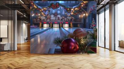 Cozy Winter Bowling Alley with Holiday Decorations for Seasonal Promotions Design Wall mural