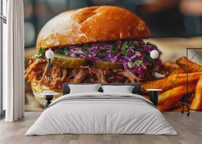 Delicious Pulled Pork Sandwich with Coleslaw and Sweet Potato Fries for a Satisfying Meal Wall mural