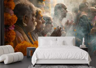 Devotional Prayers During Rath Yatra Festival with Incense Smoke and Flower Petals Enhancing the Atmosphere Wall mural