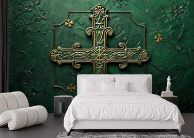 Elegant St. Patrick's Day Greeting Card with Celtic Cross and Gold Details for Print and Poster Design Wall mural