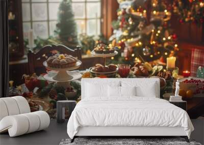 Festive Christmas Breakfast with Pastries, Fresh Fruit, and Holiday Decorations in a Cozy Room Wall mural