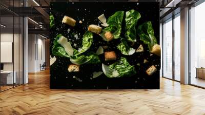 Floating Caesar Salad Ingredients on Black Background for Culinary Presentations Wall mural