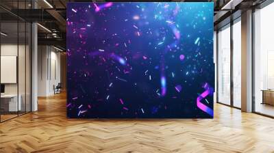 Futuristic Abstract Birthday Background with Neon Confetti and Holographic Ribbons in Space Wall mural