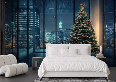 Futuristic Christmas Tree in High-Tech Office Overlooking Cityscape - Festive Modern Ornament Design Wall mural