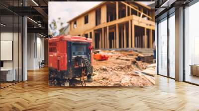 Gasoline Generator Powering Construction Site with Partially Built House and Tools Wall mural