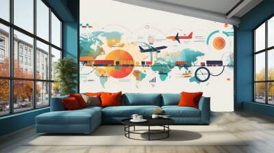 Global Trade Infographic: Flow of International Commerce with Shipping, Air Freight, and Rail Transport Icons Wall mural