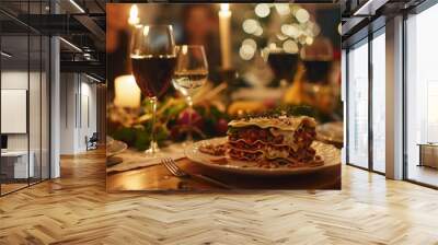 Gluten-Free Vegetable Lasagna with Cheese Served at Family Dinner in Warmly Lit Dining Room Wall mural