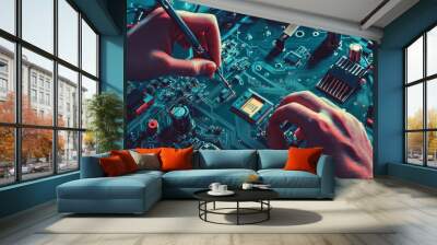 Hands Soldering Circuit Board in High-Tech Workshop for Electronics and Engineering Projects Wall mural